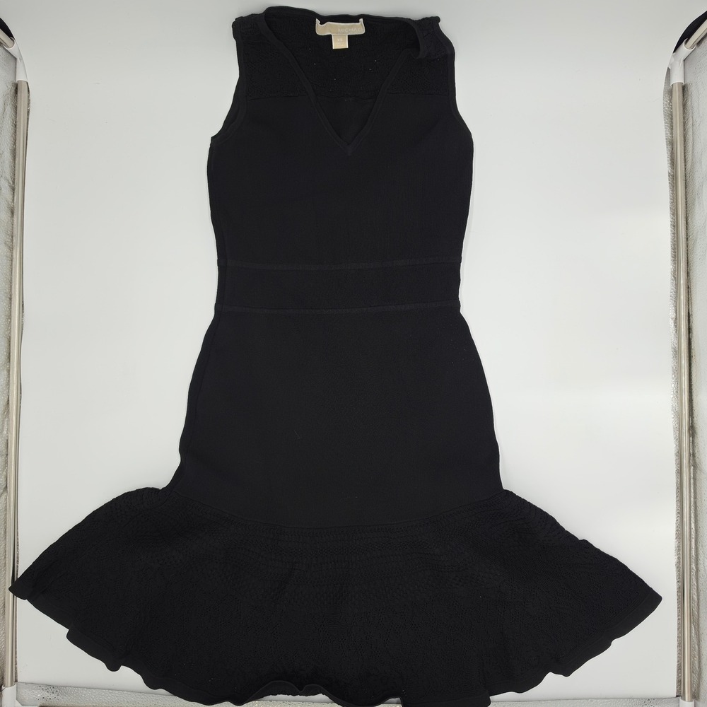 Michael Kors Womens XS Black Knit V-Neck Flounce Hem Pointelle Sleeveless Dress